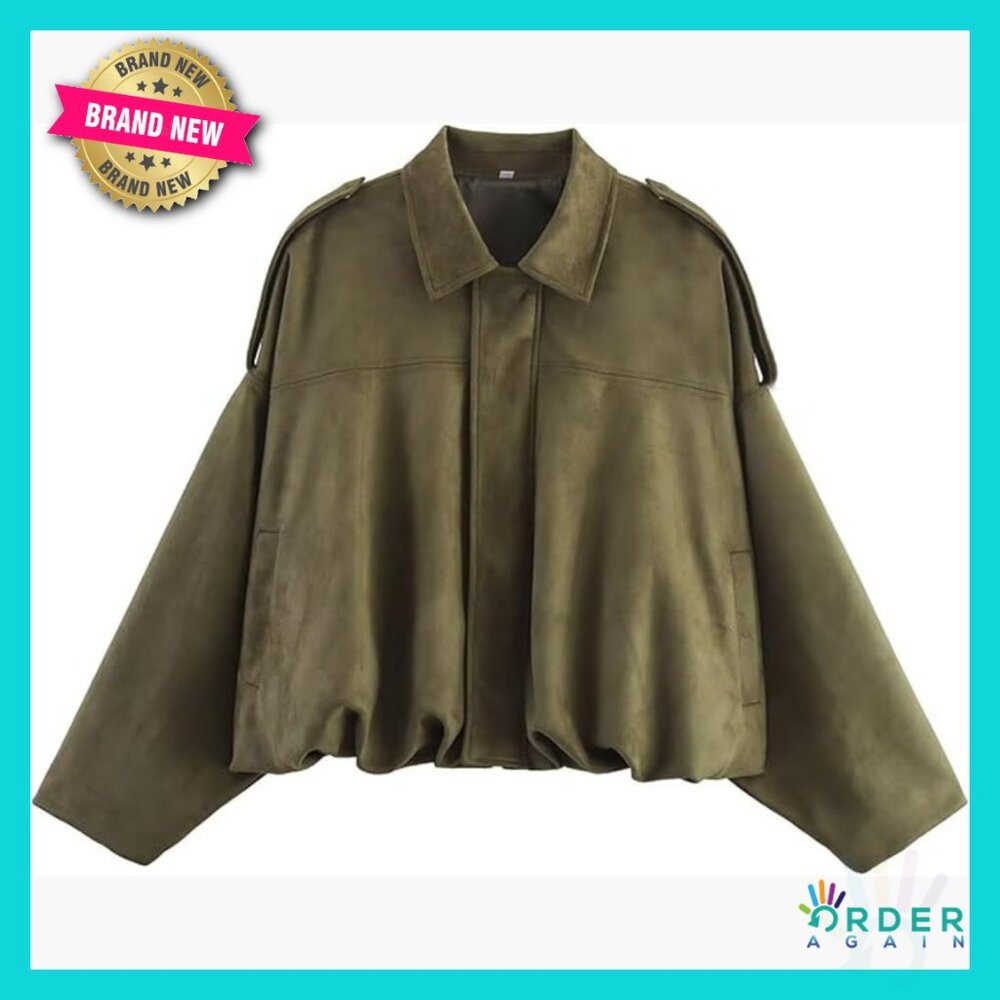 Faux Suede Bomber Jacket Oversized Aviator Lapel Long Dolman Sleeves Spring